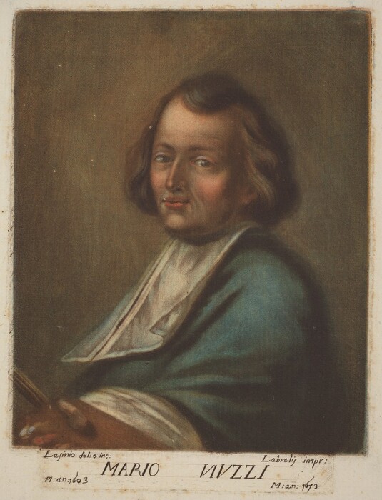 The image shows a painted portrait of a man's upper body. He is seated and facing slightly left towards the viewer. His face has a serene expression, with a straight nose and lightly defined eyebrows. He has brown shoulder-length wavy hair and is wearing a blue robe with a white undergarment visible at the neckline. In his right hand, he holds an object outside the frame. The background is a simple, muted brown color.