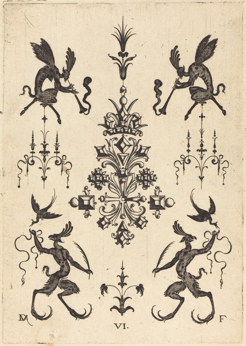 Brooch with Winged Fauns Blowing Trumpets at Top and Fantasy Creatures with Birds at Bottom