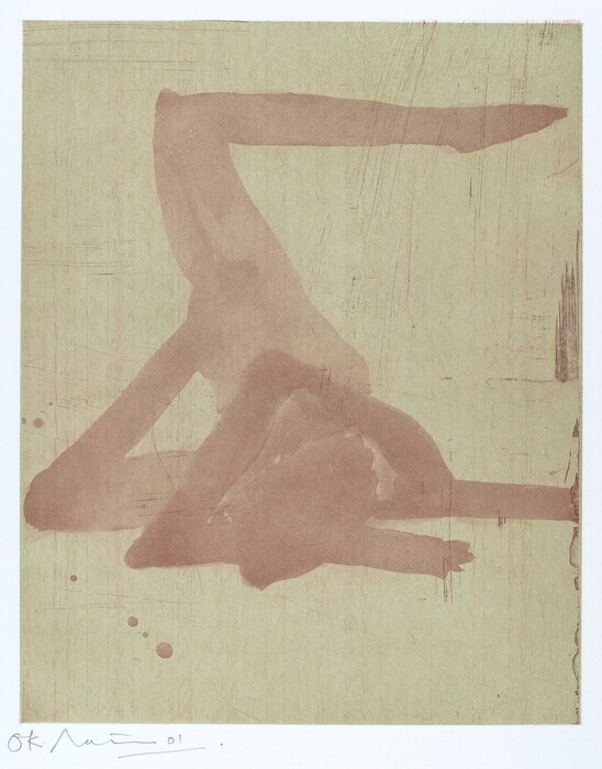 The image shows soft, organic forms with curved lines creating an abstract impression on the canvas. The arrangement of these shapes suggests the outline of a figure bent over. The earthy tones add to the abstract nature.
