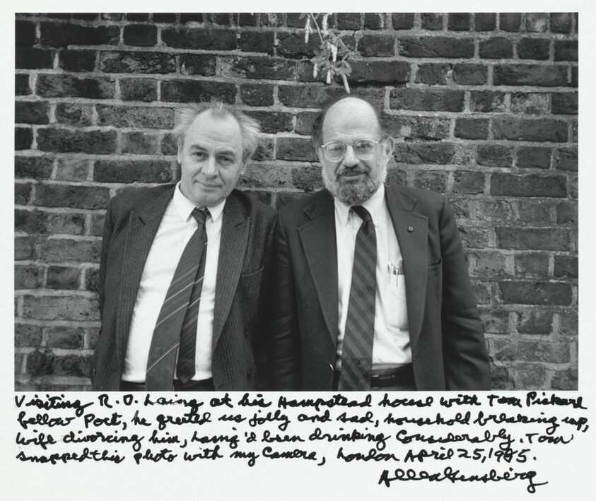 Visiting R.D. Laing at his Hampstead house with Tom Pickard fellow poet, he greeted us jolly and sad, household breaking up, wife divorcing him, having'd been drinking considerably, Tom snapped this photo with my camera, London April 25, 1985.