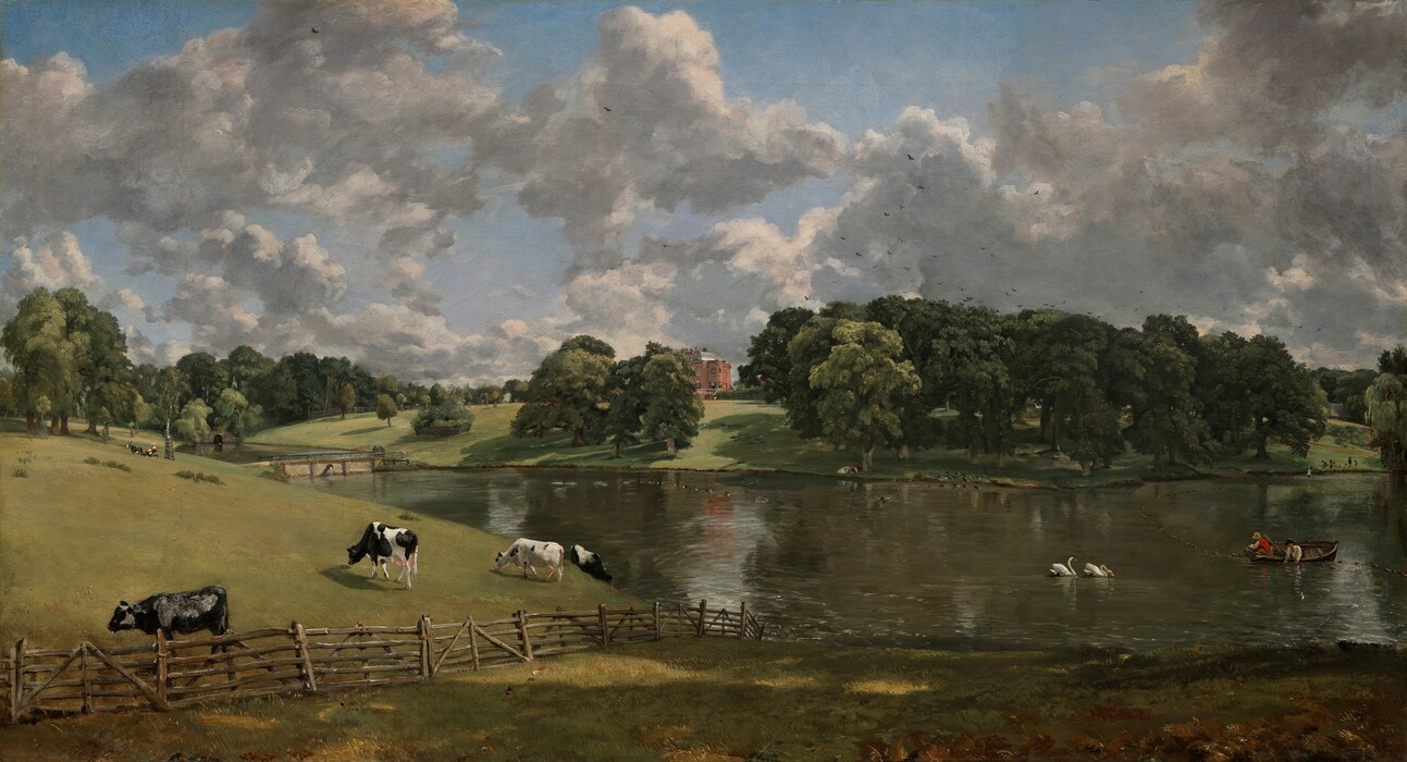 We look out onto a landscape with low, grassy hills to the left, a lake to the right, and a brick building in the center distance below a sky filled with towering white clouds in this horizontal painting. A wooden fence closer to us crosses the landscape from the lower left corner and disappears where the land slopes down to meet the water at the center of the painting. Several black and white cows graze in the field beyond the fence to our left. Two men in a wooden boat pull in nets on the lake to our right near a pair of swans. The lake crosses the composition in the near distance, disappearing into a culvert farther back. A donkey pulls a small carriage with two people near a bridge that crosses the lake in the distance to our left. The brick manor house is visible through a break in the full, deep green trees that line the horizon, which comes halfway up the composition. The clouds cast noticeable shadows in the brightly sunlit scene.