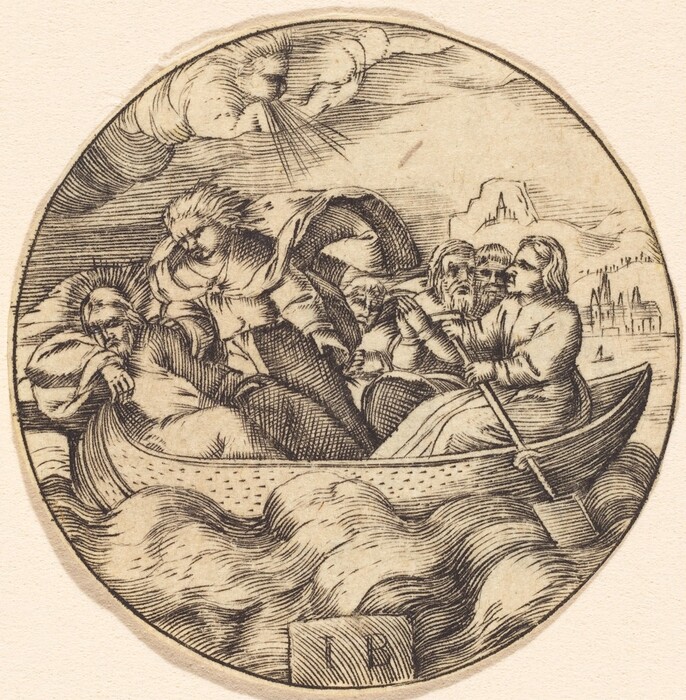 This is a drawing of a boat in turbulent seas. The drawing depicts a small boat caught in a stormy sea with a group of figures onboard. The sea is illustrated with swirling lines representing waves. Above, the sky is filled with cloud formations, and there is a burst of light emanating from a cloud. The boat is detailed, showing oars and maritime elements. The figures inside the boat display varied expressions and gestures as they navigate through the storm. The background includes elements that suggest land, such as faint outlines of buildings or cliffs.