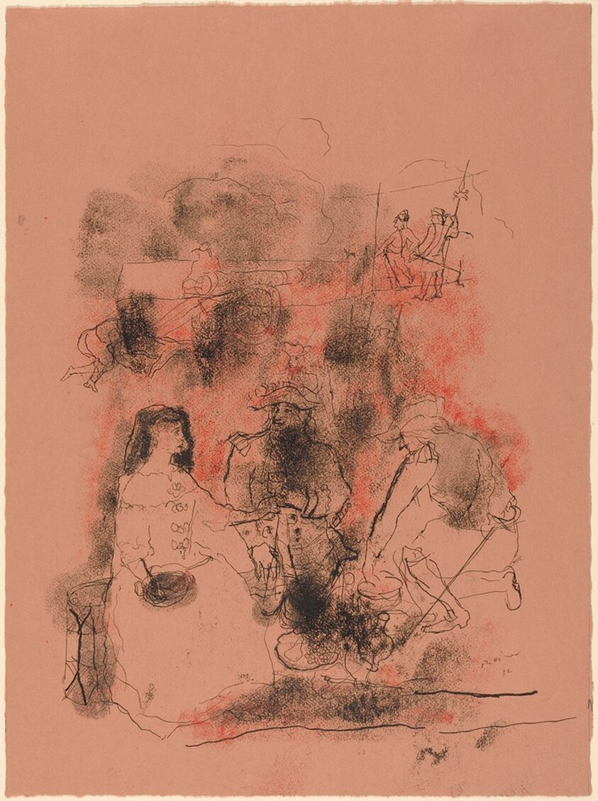 Woman and Two Soldiers at a Campfire