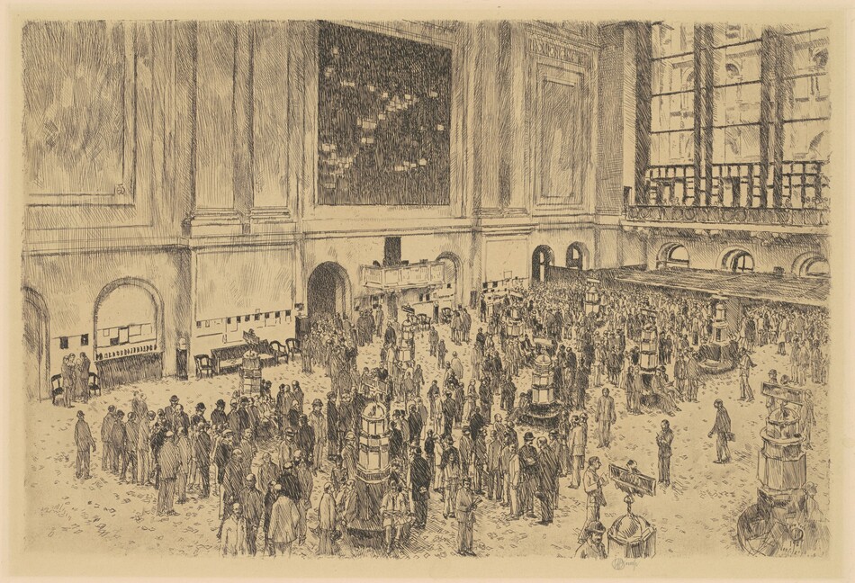 This is a drawing of a large indoor space with high ceilings, arched doorways, and decorative panels on the walls. Various groups of people are gathered around tall equipment or fixtures in the room. The drawing shows detailed line work and shading to create depth and texture, capturing the lively atmosphere and architectural elements of the space.