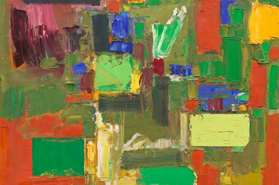 Thickly painted, rectangular vertical and horizontal slabs in intense buttercup and mango yellow, shamrock and lime green, burnt orange, raspberry pink, and charcoal gray are layered in this nearly square, abstract composition. In the top half, shapes are smaller, closer together, and separated by strokes of moss green. In the bottom half, the shapes are larger and seem to float against a vivid orange background. Smaller swipes and dabs of cotton candy pink, plum purple, indigo blue, sea glass green, scarlet red, rust brown, and bright white are interspersed around the slabs. The artist signed and dated the painting in green paint in the lower right corner, “hans hofmann 57.”