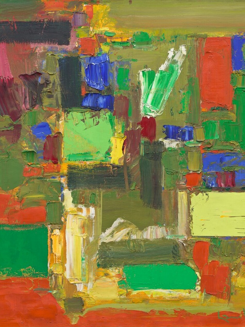 Thickly painted, rectangular vertical and horizontal slabs in intense buttercup and mango yellow, shamrock and lime green, burnt orange, raspberry pink, and charcoal gray are layered in this nearly square, abstract composition. In the top half, shapes are smaller, closer together, and separated by strokes of moss green. In the bottom half, the shapes are larger and seem to float against a vivid orange background. Smaller swipes and dabs of cotton candy pink, plum purple, indigo blue, sea glass green, scarlet red, rust brown, and bright white are interspersed around the slabs. The artist signed and dated the painting in green paint in the lower right corner, “hans hofmann 57.”