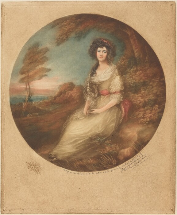 The image shows a woman seated, facing forward. She is wearing a light-colored dress with three-quarter length sleeves and a red sash around her waist. Her hand rests on her lap. She has dark, curly hair tied with a red ribbon and a sheer scarf over her shoulders. The background features lush foliage, water, and a colorful sky. The portrait is contained within an oval frame.