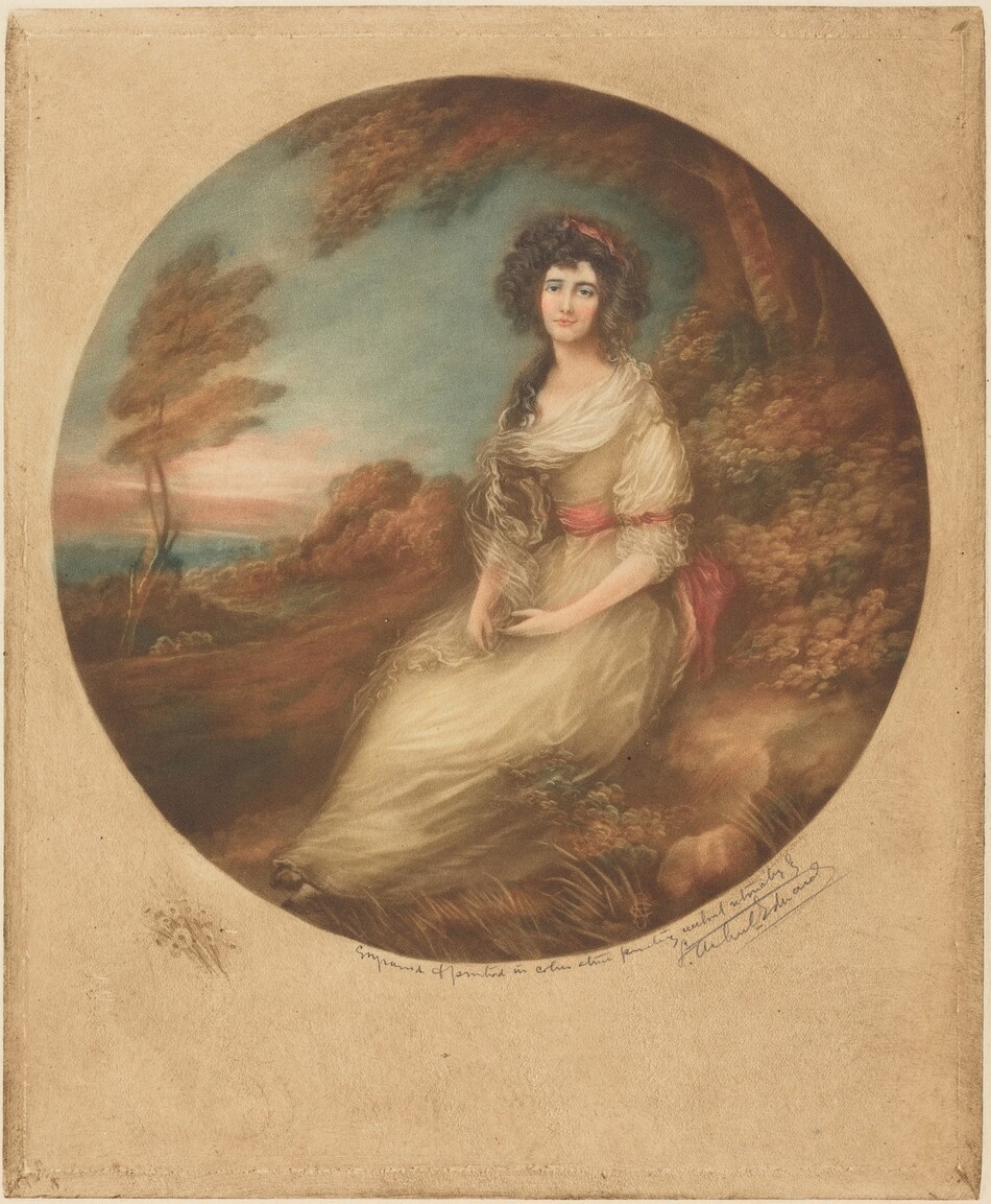 The image shows a woman seated, facing forward. She is wearing a light-colored dress with three-quarter length sleeves and a red sash around her waist. Her hand rests on her lap. She has dark, curly hair tied with a red ribbon and a sheer scarf over her shoulders. The background features lush foliage, water, and a colorful sky. The portrait is contained within an oval frame.