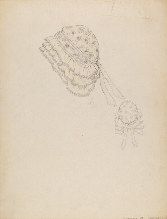 This is a drawing of a decorative bonnet. The image shows a bonnet with intricate details and embellishments, including floral patterns and layered lace. The bonnet has a ribbon tied at the back that drapes downward. Alongside the larger drawing, there is a smaller rendering of the bonnet from a different angle, highlighting its design and form. The drawing is done with fine lines and precision.