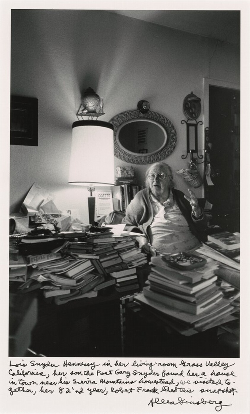Lois Snyder Hennessy in her living-room Grass Valley California, her son the Poet Gary Snyder found her a house in town near his Sierra Mountains homestead, we visited together, her 82'nd year, Robert Frank liked this snapshot.