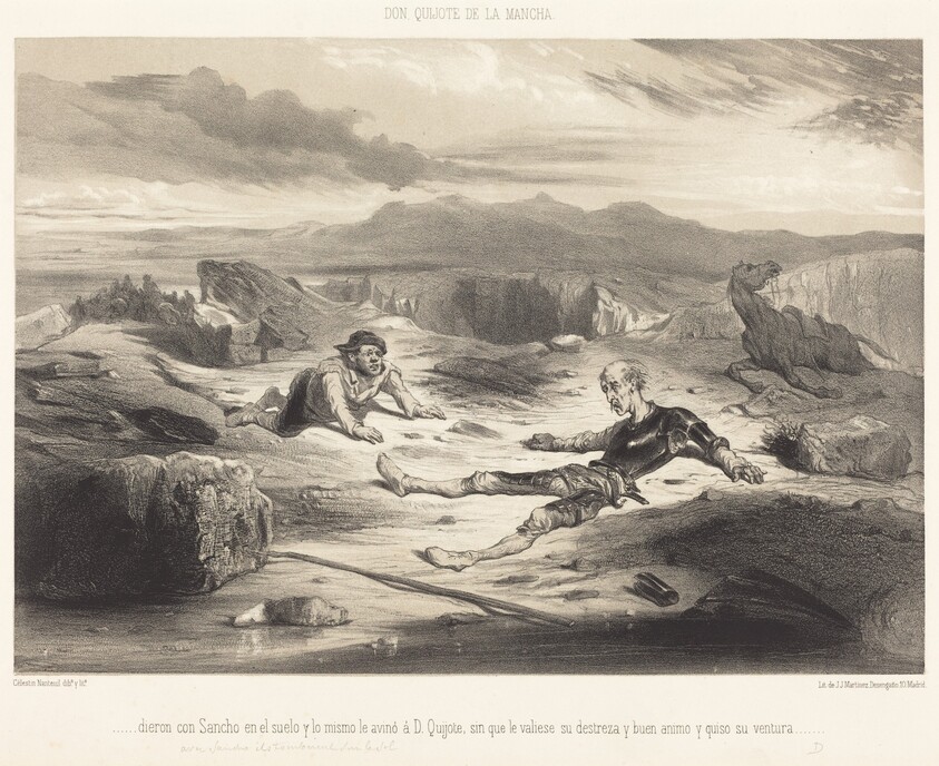...dieron con Sancho en el suelo y lo mismo le avinó d D. Quixote...