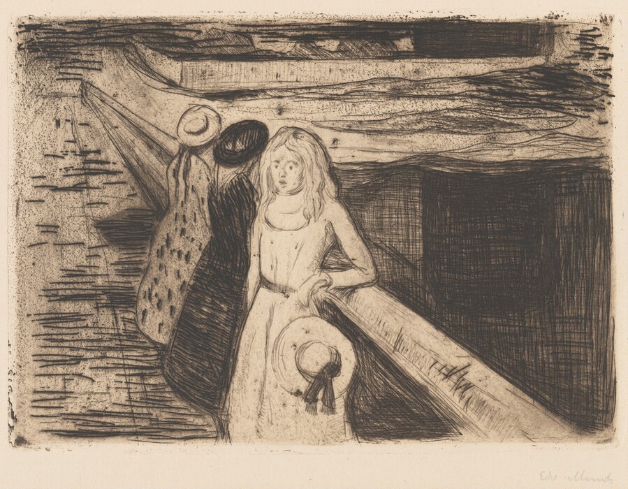The image shows two people standing next to a wooden railing with water in the background. One person is facing the viewer, wearing a sleeveless dress and holding a round hat with a ribbon. The other person has their back to the viewer, wearing a dark, patterned outfit and also holding a hat.