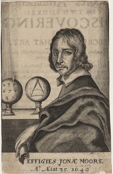 The image shows an engraving of a man seated from the waist up. He is facing left, with his head turned back towards the viewer. He has distinct facial features, wavy hair, and is wearing a cloak over a tunic. His right hand is resting on a paper or scroll. Two globes are on the table beside him, one with a compass and geometric figure, and the other with numbers. The background has textured shading and partially visible text. The inscription at the bottom reads "EFFIGIES JONÆ MOORE A: Ætat:35. 1649."