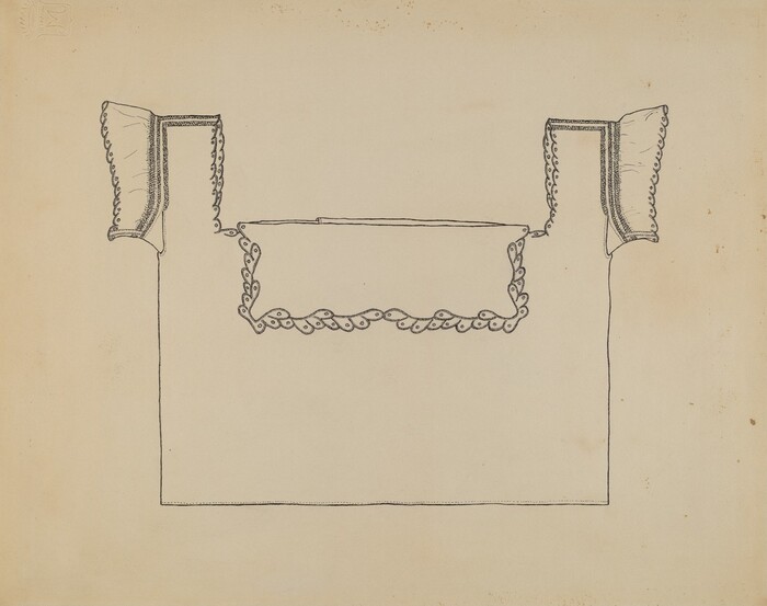 This image shows a drawing of an altar with ornate fabric draping. The altar is rectangular and covered with detailed fabric decorations, including embellished edges with curving patterns. The focus is on the elaborate design of the textile. The drawing highlights the symmetry and elegant embellishments of the fabric covering, indicating a possible ceremonial importance.