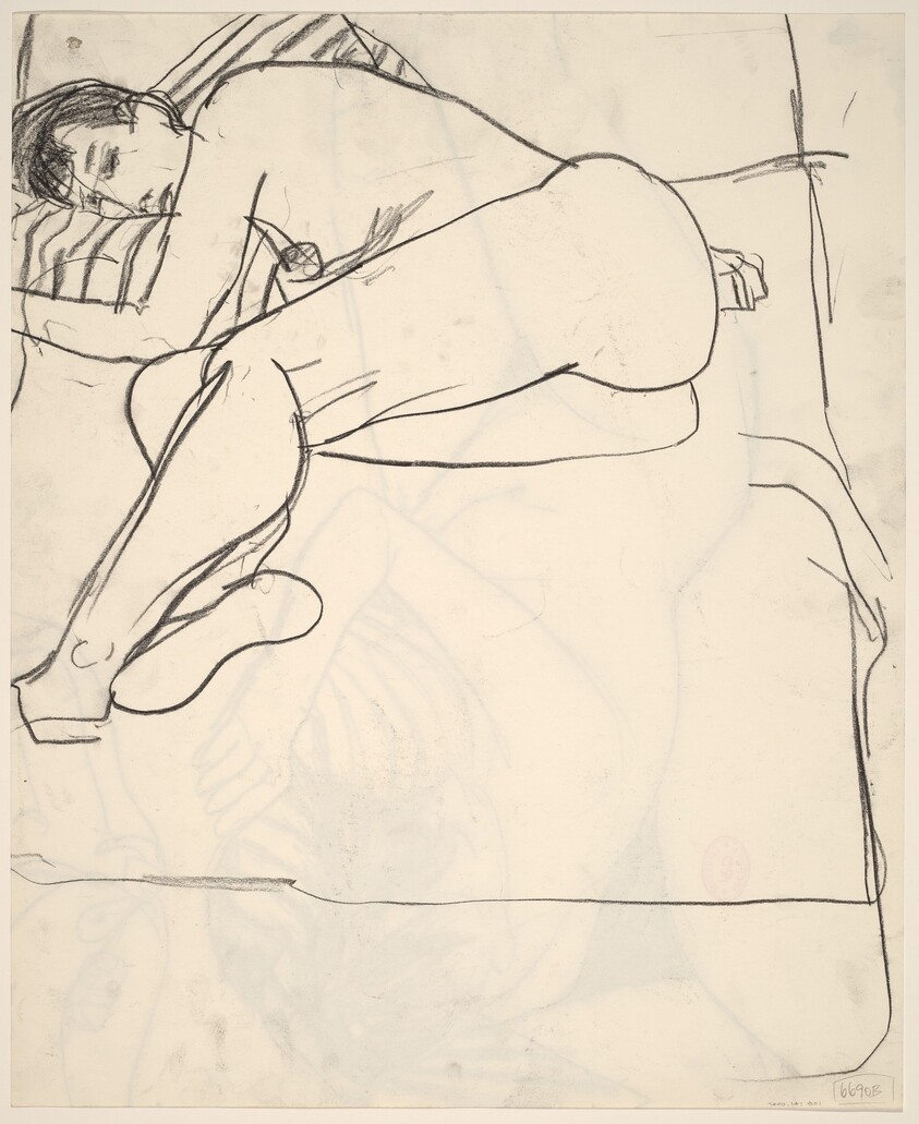 Untitled [female nude resting on a bed with a striped pillow] [verso]