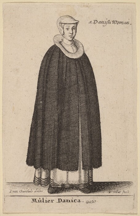 The image shows a woman standing upright. She has a calm expression and wears a cap covering her hair, with the front of her forehead visible. She is draped in a cloak that covers her body. The lower part of her dress is visible with pleats at the hem. She wears flat shoes and the background is plain. Inscriptions on the image read "a Danish Woman" and "Mulier Danica," alongside details of the artist.