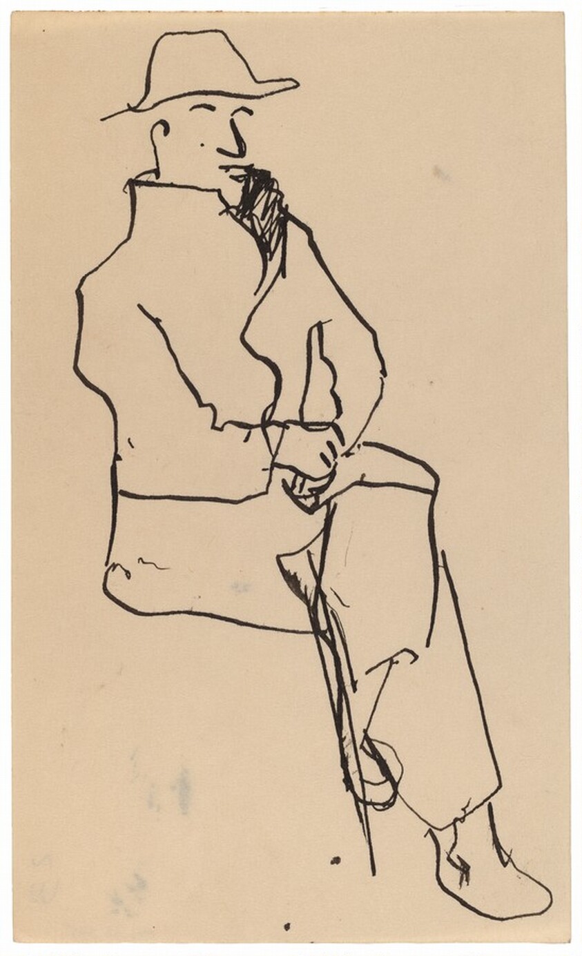 Seated Man in Coat and Hat, Legs and Hands Crossed