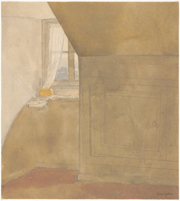 The image depicts a room with an angled ceiling, a partial window, and an adjacent wall taking up most of the space. The color palette consists of muted tones including beige, brown, and hints of soft yellow and white. The window is situated in the top left corner with sheer curtains hanging down and a small yellowish object placed on the windowsill. The wall with simple line details dominates the right side of the image, casting shadows and illustrating the room's corner.