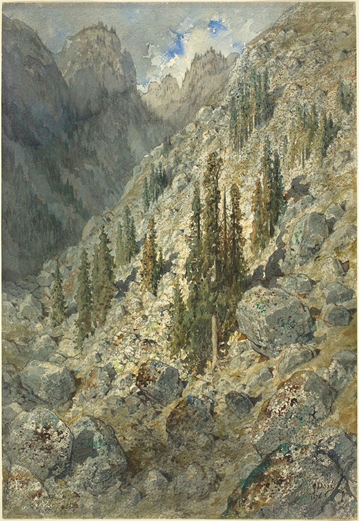 An Alpine Valley with Trees and Boulders
