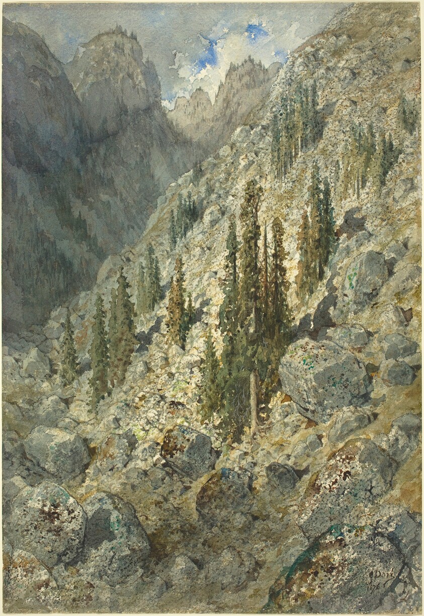 An Alpine Valley with Trees and Boulders