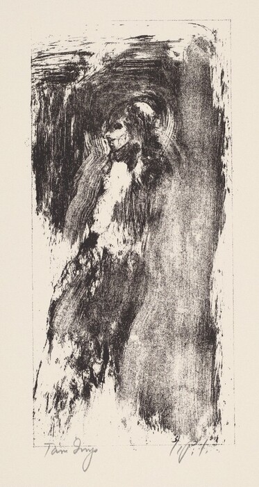 The image shows an abstract composition with bold black lines and textured areas. The shapes and textures intertwine to create a form resembling a seated figure with a hand against the face. Light and shadow create depth and elements hint at facial features and drapery, highlighting the abstract nature of the work. Recognizable forms emerge from the dynamic brushwork, suggesting human likeness within the abstract design.