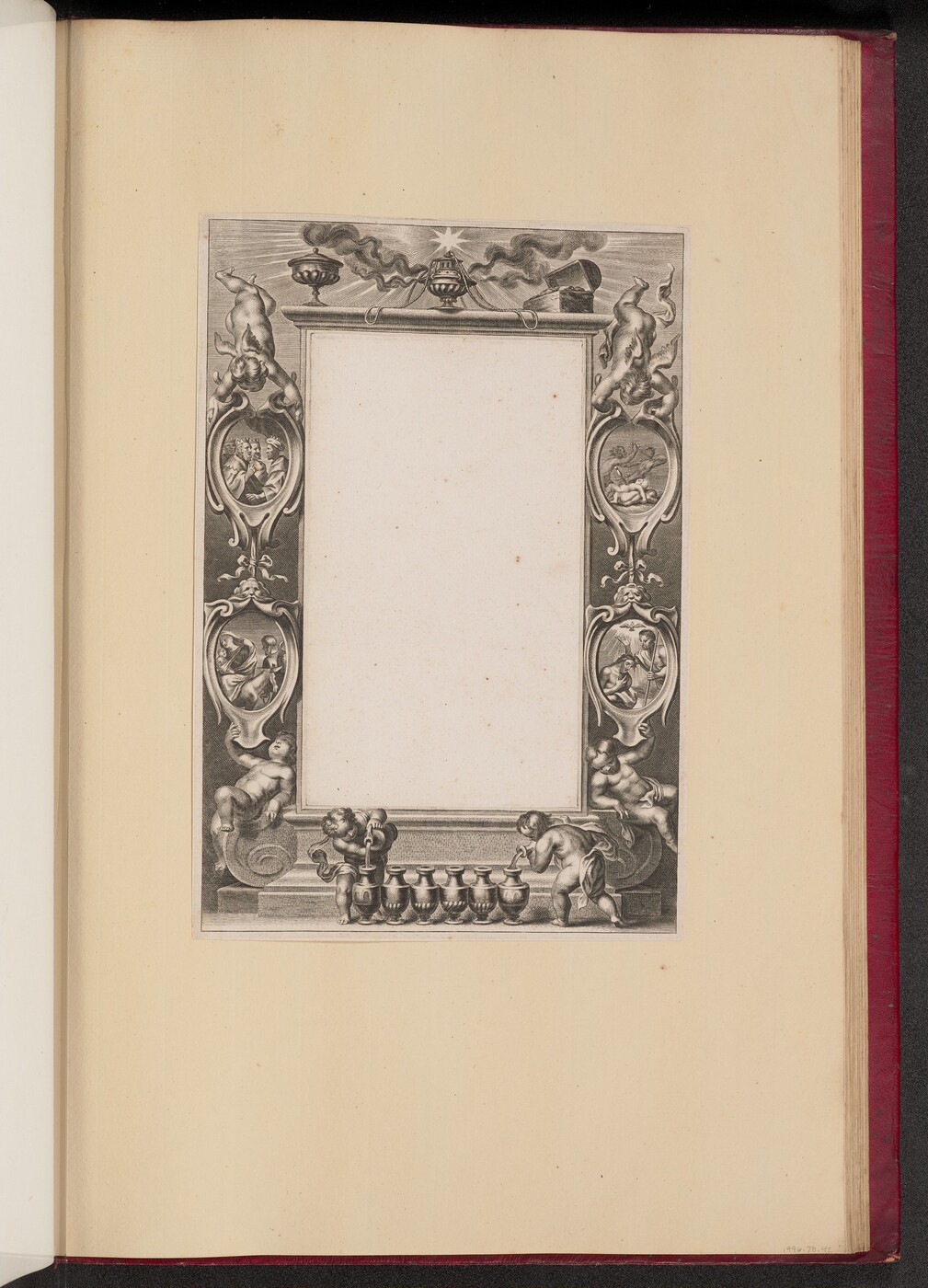 This is a drawing of an ornate, illustrated border with empty central space. The drawing features an intricate border around a blank rectangular center, designed to resemble an elaborate frame. The border displays classical decorative elements including cherubic figures, swirling vines, and urns. This composition is richly detailed, with small figures and motifs. Within the vertical sides of the border, there are illustrative scenes set within oval cartouches, while the top is crowned with a star-like emblem flanked by smoky urns. The bottom features a row of vessels with two cherubs interacting with them.