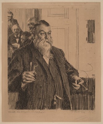 “A Toast II”. The image displays an etched portrait of an older man from the waist up.
