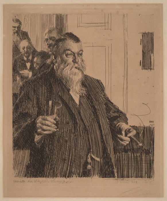 The image displays an etched portrait of an older man from the waist up. He is standing with his body slightly turned to the side, but his face is oriented towards the viewer. The man has a thick beard and mustache, with neatly combed back hair. He is wearing a formal suit with a bow tie, detailed with fine lines. In his left hand, he holds a small glass. The background shows several other men dressed similarly in formal attire, slightly out of focus. The setting appears to be indoors, possibly within a formal venue or a private room with paneled walls.