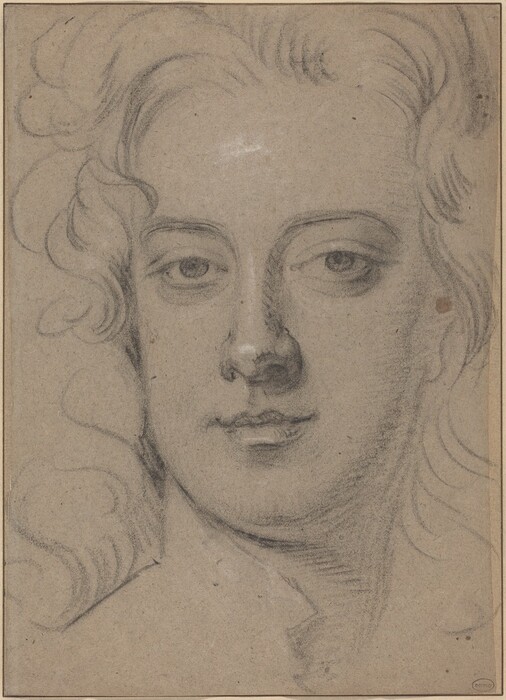 The image depicts a close-up drawing of a person's head and part of the shoulders, with a frontal view. The facial features are delicately rendered, including prominent eyes, a straight nose, and closed lips. The hair is styled in loose waves framing the face. The drawing is monochrome with shades of gray. There are no clothing details, jewelry, or objects. The background is plain, with a textured appearance similar to the drawing paper.