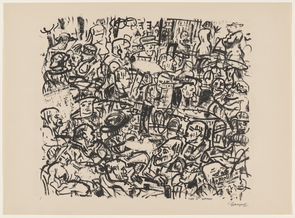 The image shows a collection of thick and thin black lines and shapes arranged in an abstract composition. The lines overlap to suggest human figures, hats, and faces that resemble a bustling café scene. The forms create a chaotic assembly that evokes a crowded social environment. The use of black on a light background highlights the intricate nature of the depiction.