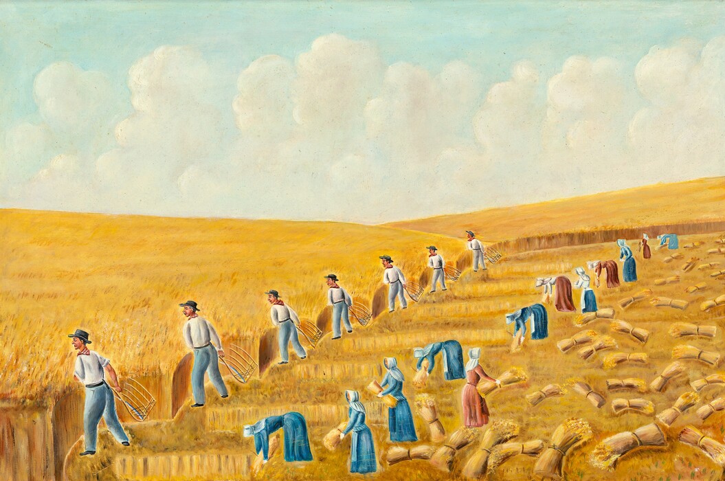 The image shows a rural scene with fields, workers harvesting crops, and a sky with clouds. The fields are golden with workers in blue and white clothing cutting and bundling wheat. The sky is pale blue with fluffy clouds. The painting has a smooth and somewhat naïve brushstroke style, using warm golden yellows, earthy browns, and cool tones for the workers' clothing and pastels for the sky.