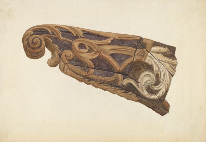 The image shows an intricately carved wooden object with a spiral motif on one end. The design features smooth and textured surfaces in rich browns, muted purples, and beige accents. Against a light background, the object is angled to display the depth and details of the carving.