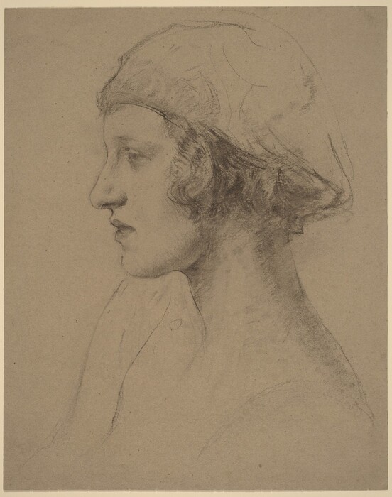 The image shows a drawing of a person's head and partial upper chest in profile. The person is facing to the left side of the picture. Their facial features include a nose, chin, lips, and eye. The person's hair is short and wavy, covered by a cap or headdress. The drawing style appears soft and textured. The person is not wearing visible clothing apart from the headdress. The background is plain.