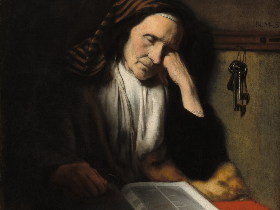 Shown from the waist up on the other side of a strawberry-red table, an elderly, pale-skinned woman sits facing us, sleeping with her head propped on her hand in this vertical painting. She is brightly lit from our upper left, which creates deep shadows across her face, and behind and around her. The woman rests her cheek against her closed left fist, to our right. That elbow is propped on a gold and amber-yellow cushion tucked into the corner where the table meets the wall to our right. Her brows are slightly furrowed over deep-set eyes. She has loose jowls, thin lips, and wrinkles line the corners of her eyes and her mouth. Almost lost in shadow, her other hand rests on the large book lying open before her. She wears a black coat draped over a parchment-white garment. Her hair is covered by a ginger-brown and black striped veil that hangs to her shoulders. Three iron-gray keys hang from a rail running across the wall next to her at head height. The wall is sage green and mustard yellow in the light, and the corners and left edge are swallowed in shadow. The artist signed the painting in capital letters on the right, just above the rail, “N. Maes.”