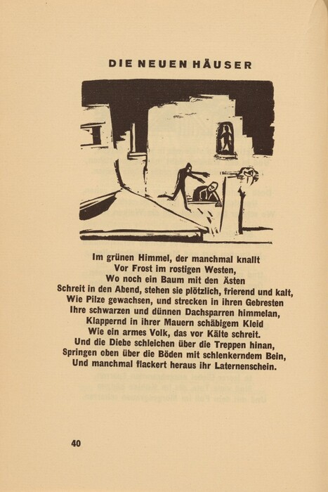 This is a drawing of architectural forms and two figures. The image features large, blocky shapes, potentially representing buildings or walls, with two stylized figures in the foreground, one of which appears to be bending over a structure. The drawing has the text "DIE NEUEN HÄUSER" (The New Houses) above it. The structures depicted have a raw, minimalist style, with flat surfaces and sharp edges. Below the illustration is a German poem, starting with "Im grünen Himmel, der manchmal knallt..." which translates to descriptions of a cold evening scene. The style of the drawing invokes a sense of surrealism and abstraction through its use of simple shapes and minimal detail.