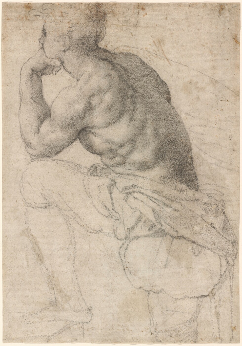 The image shows a drawing of a person's upper body in a side profile view. The figure is seated and leaning forward with an elbow on a knee, supporting their chin with a hand. The facial features are partially depicted while facing away, with short, wavy hair. The person is minimally clothed with some drapery around the lower torso and legs. No jewelry or objects are shown, and the background is plain with light sketch marks.