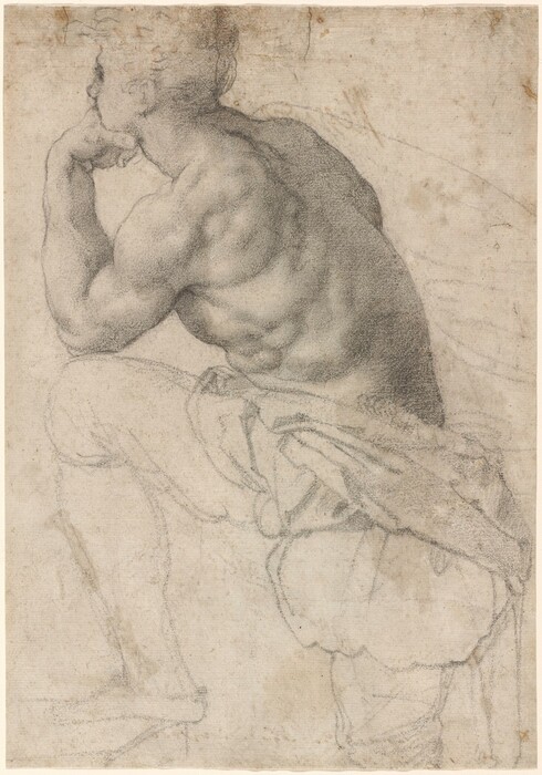 The image shows a drawing of a person's upper body in a side profile view. The figure is seated and leaning forward with an elbow on a knee, supporting their chin with a hand. The facial features are partially depicted while facing away, with short, wavy hair. The person is minimally clothed with some drapery around the lower torso and legs. No jewelry or objects are shown, and the background is plain with light sketch marks.