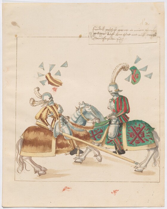 This is a painting depicting a jousting scene between two armored knights on horseback. The image shows two knights clad in armor, each mounted on a horse, engaging in a jousting match. The knight on the left is riding a brown horse and wearing yellow armor, with a lance positioned horizontally. The opposing knight is dressed in green and red attire, riding a gray horse covered in green with red patterns. Both horses are elaborately outfitted. Debris such as a shattered lance and a piece of helmet plume can be seen flying off, indicating impact. The background is minimal, focusing attention on the jousting action.