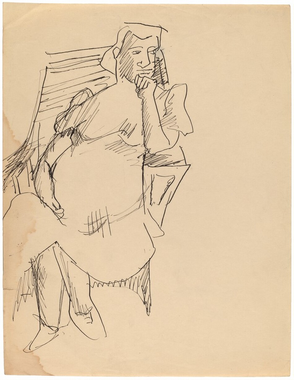 The image is a sketch of a person seated on a bench or chair, with most of their body visible from head to feet. The person is in a relaxed pose, resting their chin on one hand while the other hand is on their lap. The facial features are outlined with simple lines, and the hair is drawn in a smooth, curved manner. The person appears to be wearing a loose, flowing robe depicted with broad lines. There are no detailed jewelry or objects held by the person. The background is simple, with just the outline of the bench or chair visible.