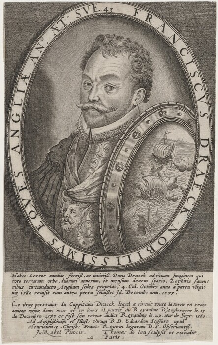 The image shows a man in an oval frame, angled slightly to the right. He has distinct facial features with a high forehead, bushy eyebrows, and a curled mustache. His hair is short and wavy, styled away from his face. The man wears ornate clothing with detailed embroidery, a breastplate with intricate patterns and a lion's face, and a shield displaying a naval battle scene. The background contains text in Latin and French, with engravings around the portrait.
