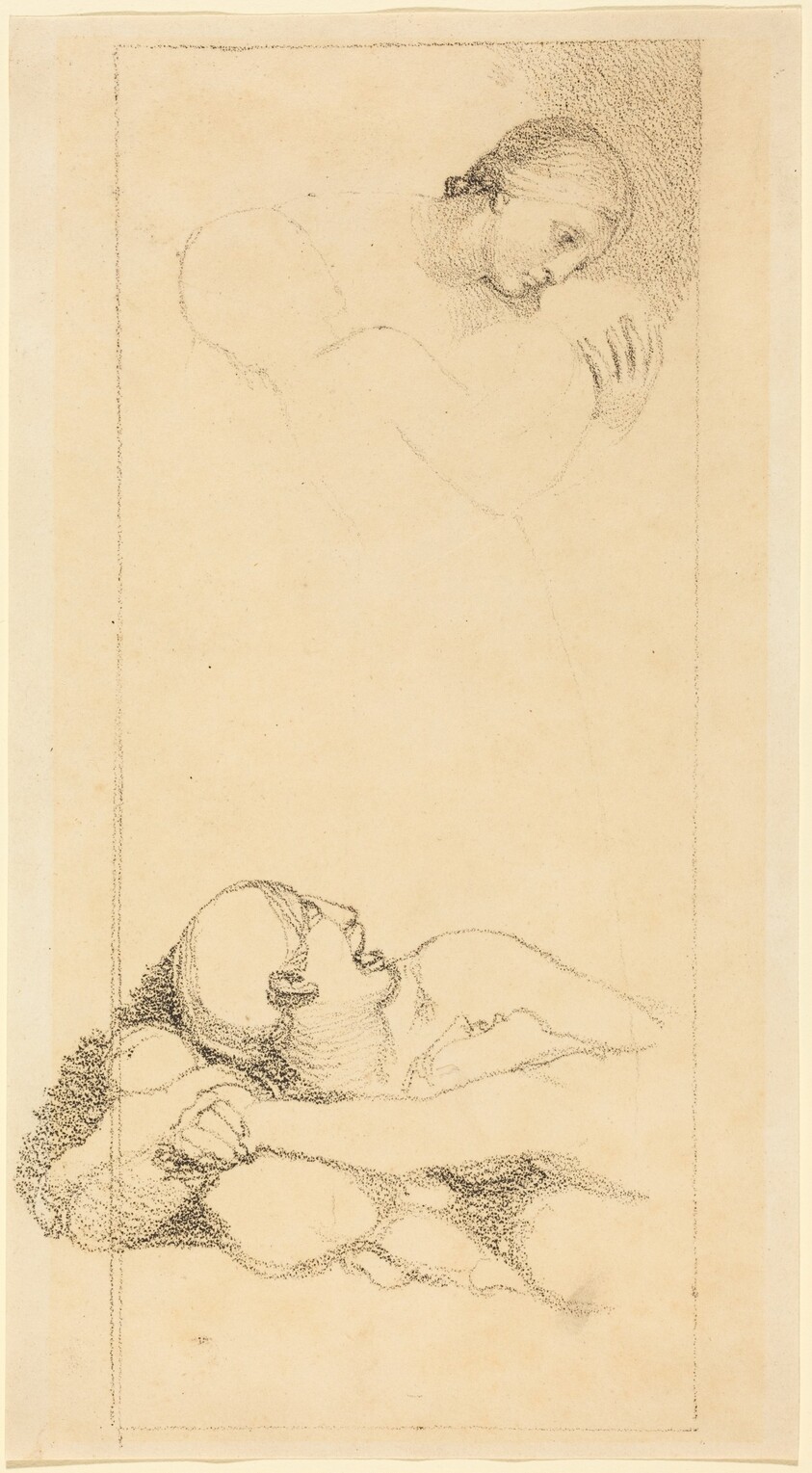 Frightened Man Looking Up; Woman and Children