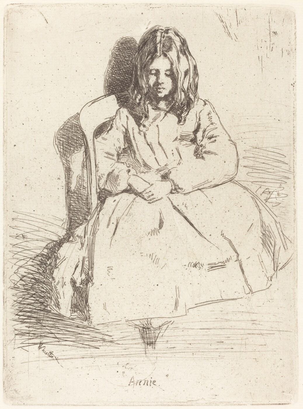 The image shows a girl seated with her hands folded in her lap, in a chair slightly turned to the left. She has long hair, is wearing a long-sleeved dress and has her eyes closed or lowered. The background is minimal.
