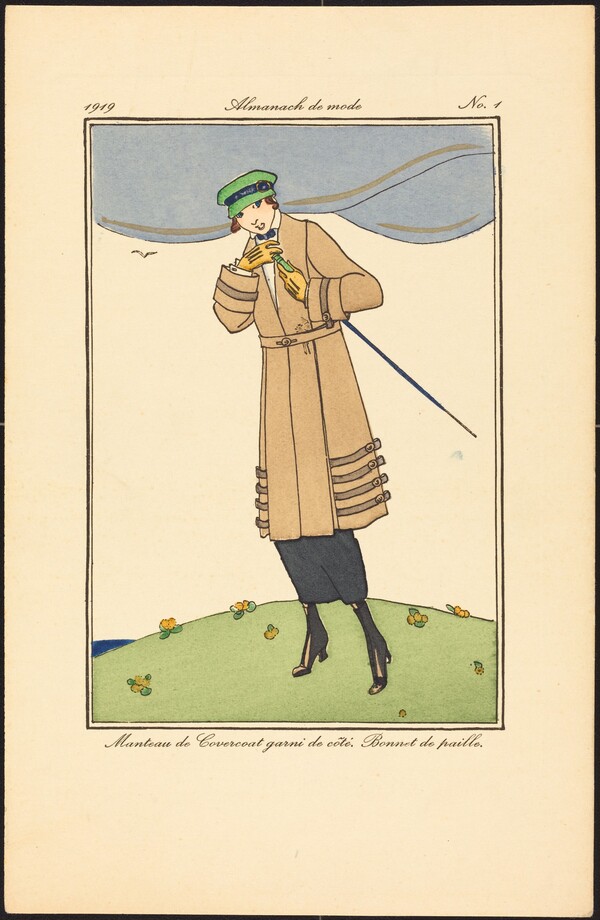 Manteau de Covercoat garni de côté. Bonnet de paille.