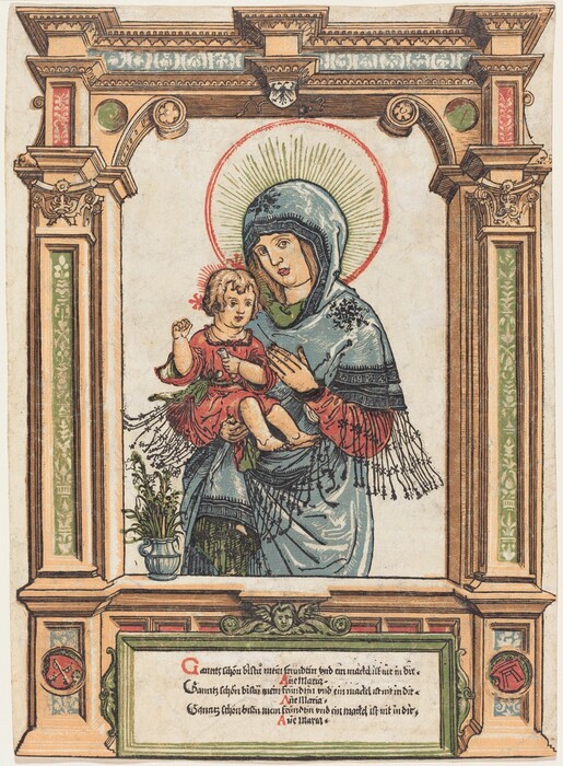 This print shows a woman standing and holding a child by her hip. Her body is slightly turned to the left, but her head is turned towards us. She has pale skin and brown hair covered by a blue hooded shawl that she wears, which features long fringe at the sleeves. Below the shawl she appears to wear a green-and-red garment with long sleeves. The child also has pale skin and curly brown hair. They are wearing a red tunic and holding a small scroll in their left hand. The woman has a large red halo around her head, filled with thin green lines that radiate from her. The child also has a halo of red lines radiating from their head. Surrounding the pair is an ornate architectural frame with colorful decorative elements and an inscription at the bottom. The background is off-white.