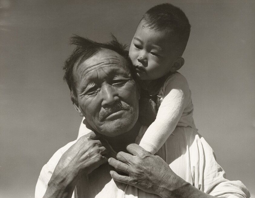 Grandfather and grandson of Japanese ancestry at a War Relocation Authority center, Manzanar, California