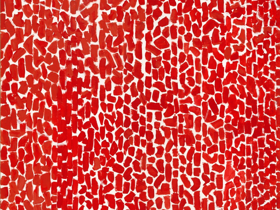 Scarlet-red dashes create loose vertical lines against a bright white background that fill this vertical abstract painting. Most of the dashes are vertical but some slant at an angle. The artist signed and dated the work with white paint in the lower right corner, “AWT 73.”