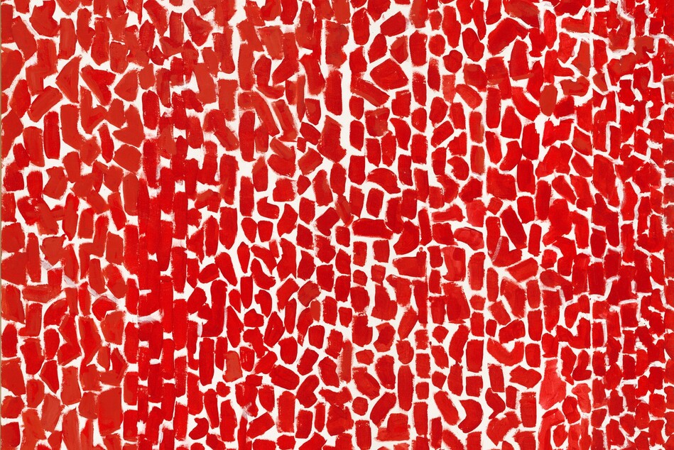 Scarlet-red dashes create loose vertical lines against a bright white background that fill this vertical abstract painting. Most of the dashes are vertical but some slant at an angle. The artist signed and dated the work with white paint in the lower right corner, “AWT 73.”