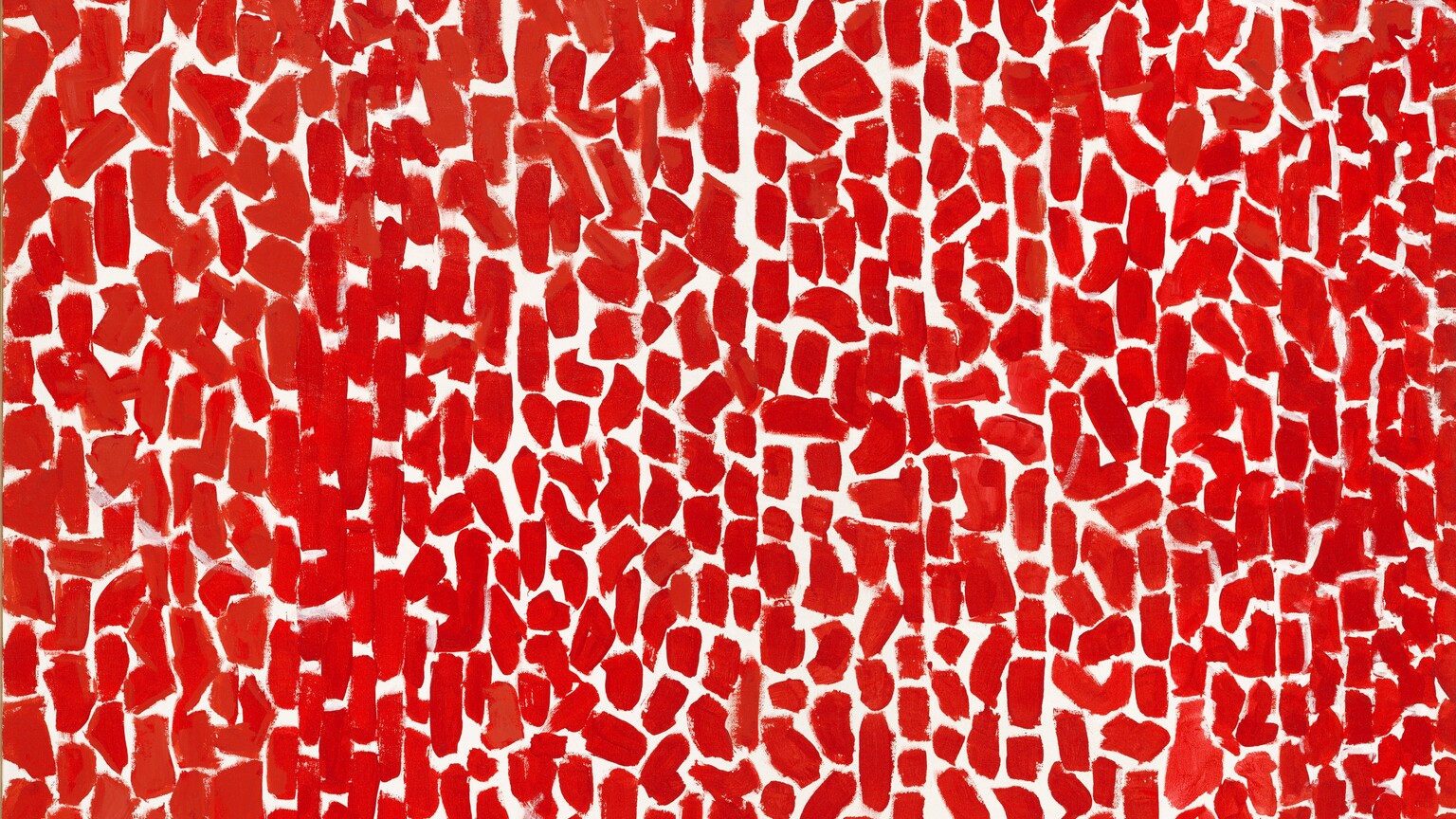Scarlet-red dashes create loose vertical lines against a bright white background that fill this vertical abstract painting. Most of the dashes are vertical but some slant at an angle. The artist signed and dated the work with white paint in the lower right corner, “AWT 73.”