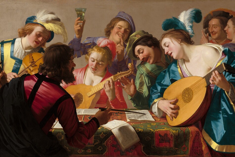 This horizontal painting shows a group of eight light-skinned musicians and onlookers gathered closely around a rectangular, carpet-covered table. The front edge of the table runs parallel to the bottom edge of the painting, and seems close to us. Shown from about the waist up, the men and women’s vivid lapis-blue, coral-red, buttercup-yellow, lilac-purple, and moss-green garments fall in crisp folds. Bright reflections on the fabric suggest a satin-like material. Two women wear feathers in their hair and one man’s hat is plumed. One man, wearing crimson red and black, sits with his back to us to our left on the near side of the table. He holds the neck of a bass viol, about the size of a cello, with his left hand, and points to pages of an open music book with the bow in his right hand. The other people cluster on the far side of the table. A man to the left plays a violin; a woman at the center plays a guitar-sized bandora, and a woman to our right plays a lute. The musicians, along with a man who leans over the table from between the two women, look down at the music books. A young man behind the woman at the center holds up a glass of pale liquid with his right hand as he touches his left forefinger to his smiling lips. A man and woman stand close together in the background to our right, in the top right corner of the canvas.