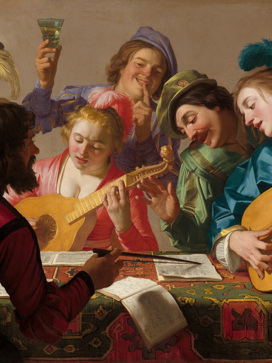 This horizontal painting shows a group of eight light-skinned musicians and onlookers gathered closely around a rectangular, carpet-covered table. The front edge of the table runs parallel to the bottom edge of the painting, and seems close to us. Shown from about the waist up, the men and women’s vivid lapis-blue, coral-red, buttercup-yellow, lilac-purple, and moss-green garments fall in crisp folds. Bright reflections on the fabric suggest a satin-like material. Two women wear feathers in their hair and one man’s hat is plumed. One man, wearing crimson red and black, sits with his back to us to our left on the near side of the table. He holds the neck of a bass viol, about the size of a cello, with his left hand, and points to pages of an open music book with the bow in his right hand. The other people cluster on the far side of the table. A man to the left plays a violin; a woman at the center plays a guitar-sized bandora, and a woman to our right plays a lute. The musicians, along with a man who leans over the table from between the two women, look down at the music books. A young man behind the woman at the center holds up a glass of pale liquid with his right hand as he touches his left forefinger to his smiling lips. A man and woman stand close together in the background to our right, in the top right corner of the canvas.